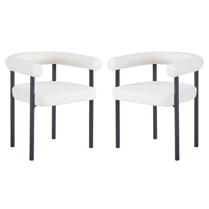 Ohio Curved Boucle Dining Chair Set of 2 in Cream features open-back, white bouclé upholstery, thick padding, and black metal legs, offering a minimalist yet luxurious dining seating solution.