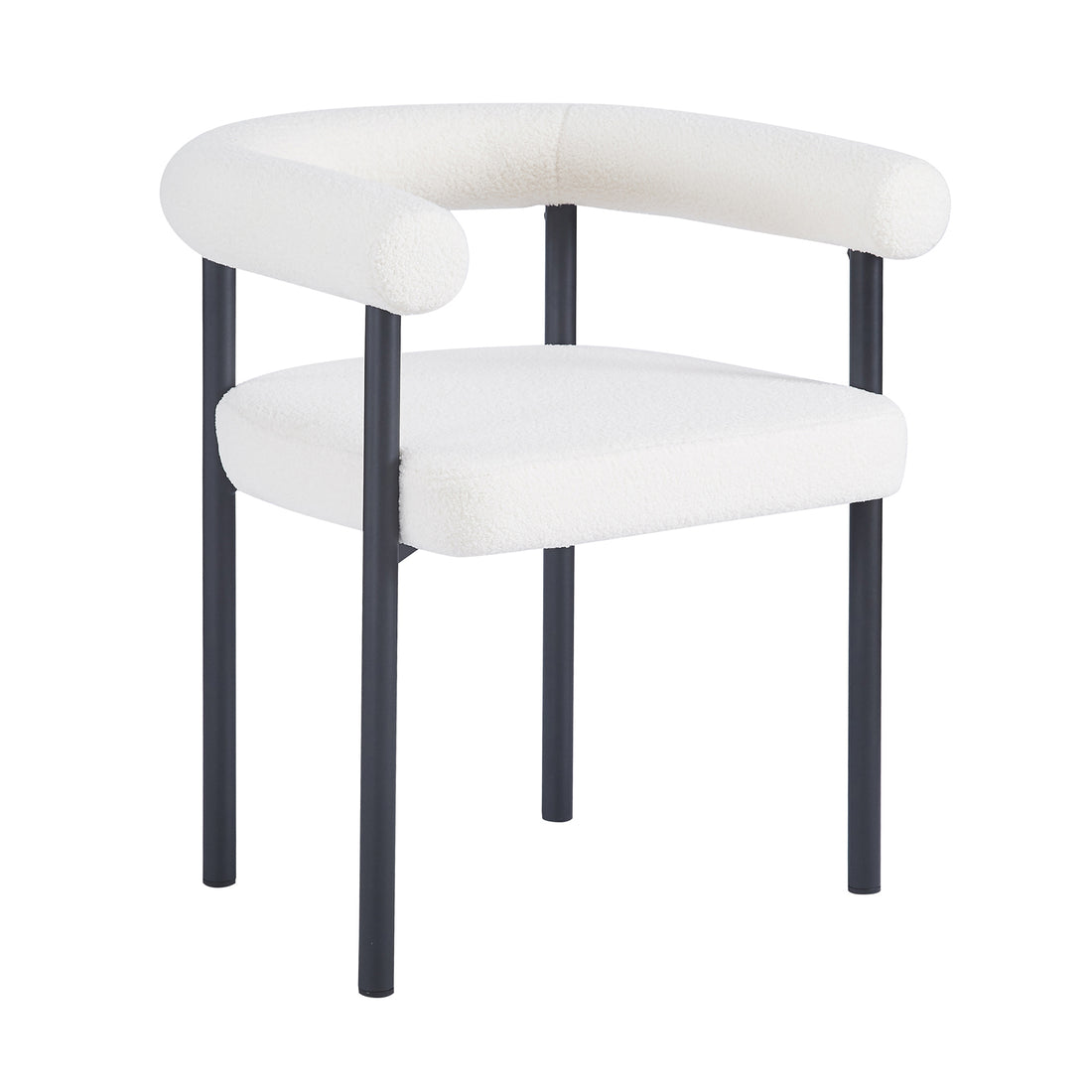 Ohio Curved Boucle Dining Chair Set of 2 in Cream features a padded white bouclé seat with a matching curved backrest and black metal legs, offering a sleek, modern aesthetic for dining spaces.