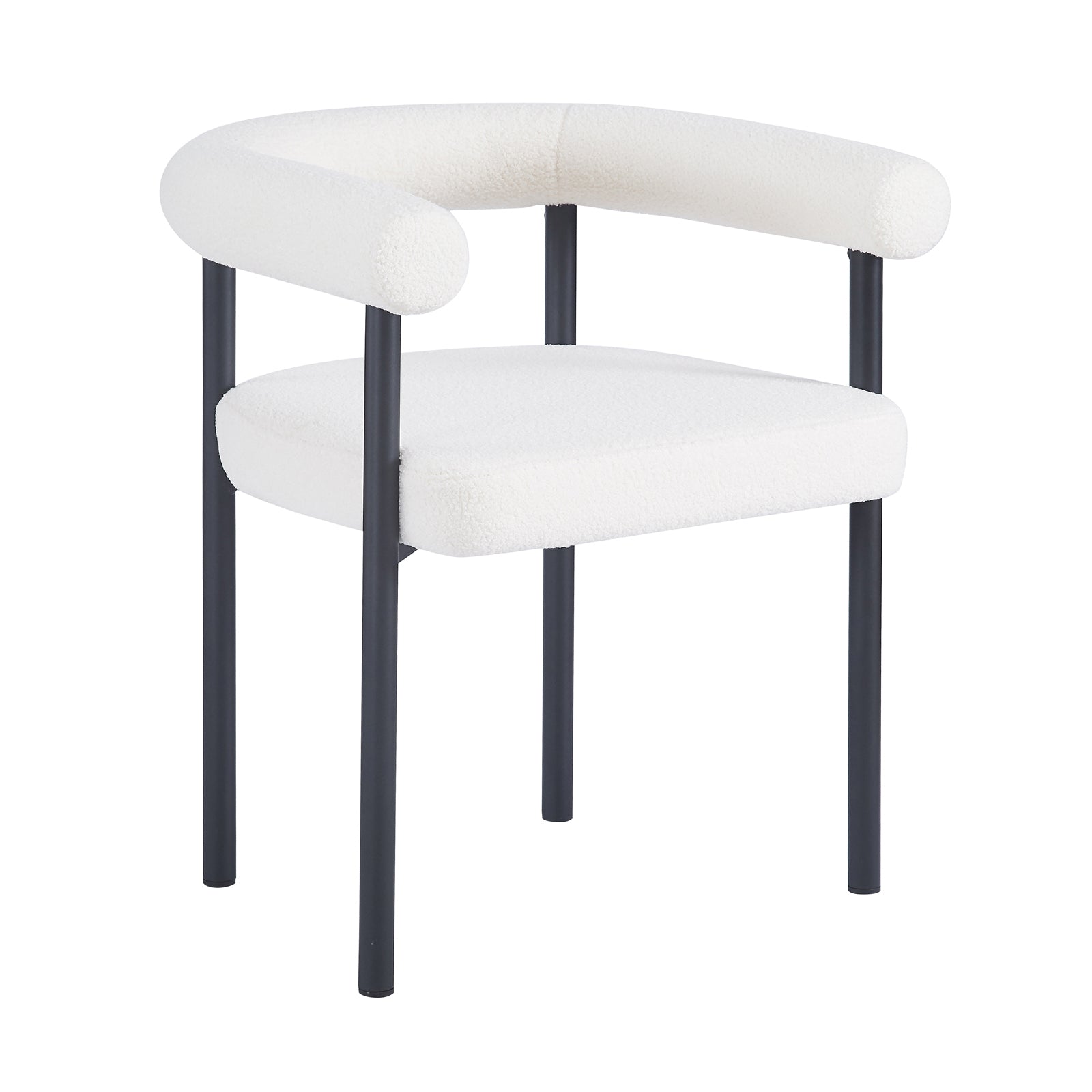 Ohio Curved Boucle Dining Chair Set of 2 in Cream features a padded white bouclé seat with a matching curved backrest and black metal legs, offering a sleek, modern aesthetic for dining spaces.