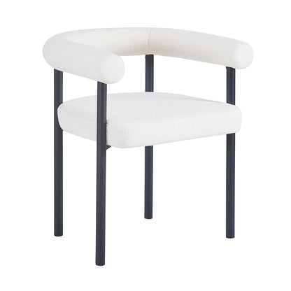 Ohio Curved Boucle Dining Chair Set of 2 in Cream features a padded white bouclé seat with a matching curved backrest and black metal legs, offering a sleek, modern aesthetic for dining spaces.