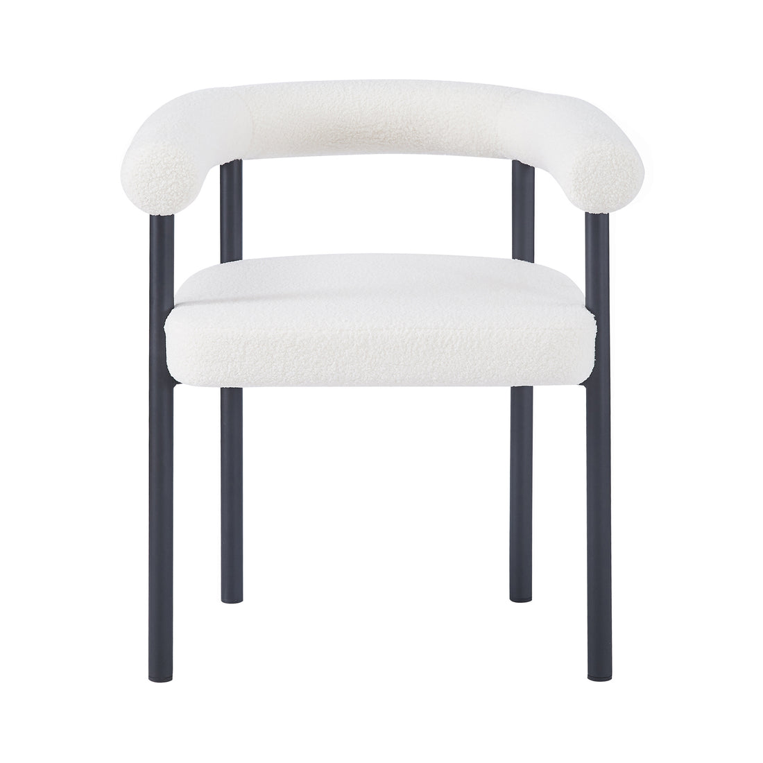 Ohio Curved Boucle Dining Chair Set of 2 in Cream features textured off-white bouclé upholstery and a wraparound backrest, supported by slim black metal legs, offering modern elegance and comfort.