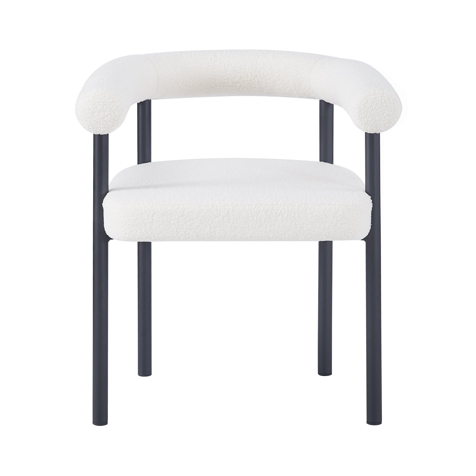 Ohio Curved Boucle Dining Chair Set of 2 in Cream features textured off-white bouclé upholstery and a wraparound backrest, supported by slim black metal legs, offering modern elegance and comfort.