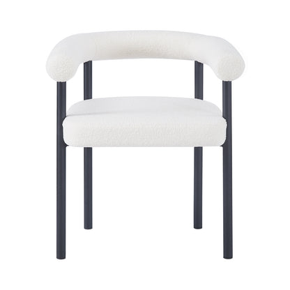 Ohio Curved Boucle Dining Chair Set of 2 in Cream features textured off-white bouclé upholstery and a wraparound backrest, supported by slim black metal legs, offering modern elegance and comfort.