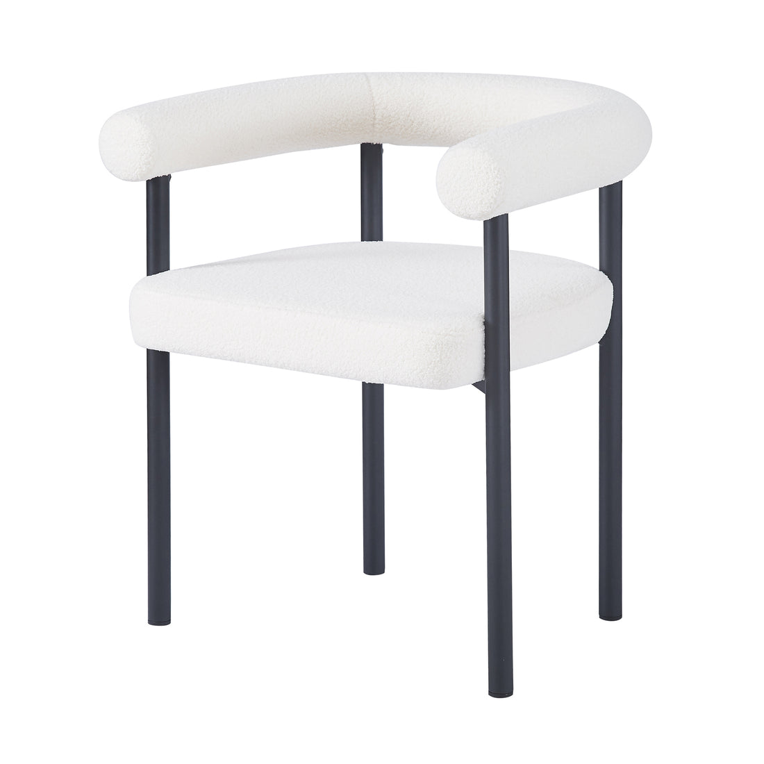 Ohio Curved Boucle Dining Chair Set of 2 in Cream features a white, boucle-upholstered seat with a half-round backrest, supported by sleek black metal legs, embodying a minimalist and modern design.
