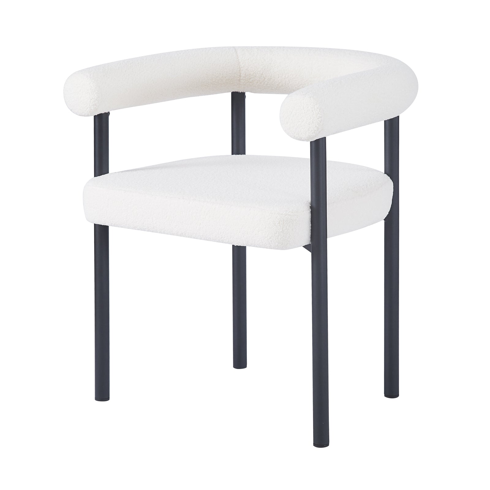 Ohio Curved Boucle Dining Chair Set of 2 in Cream features a white, boucle-upholstered seat with a half-round backrest, supported by sleek black metal legs, embodying a minimalist and modern design.