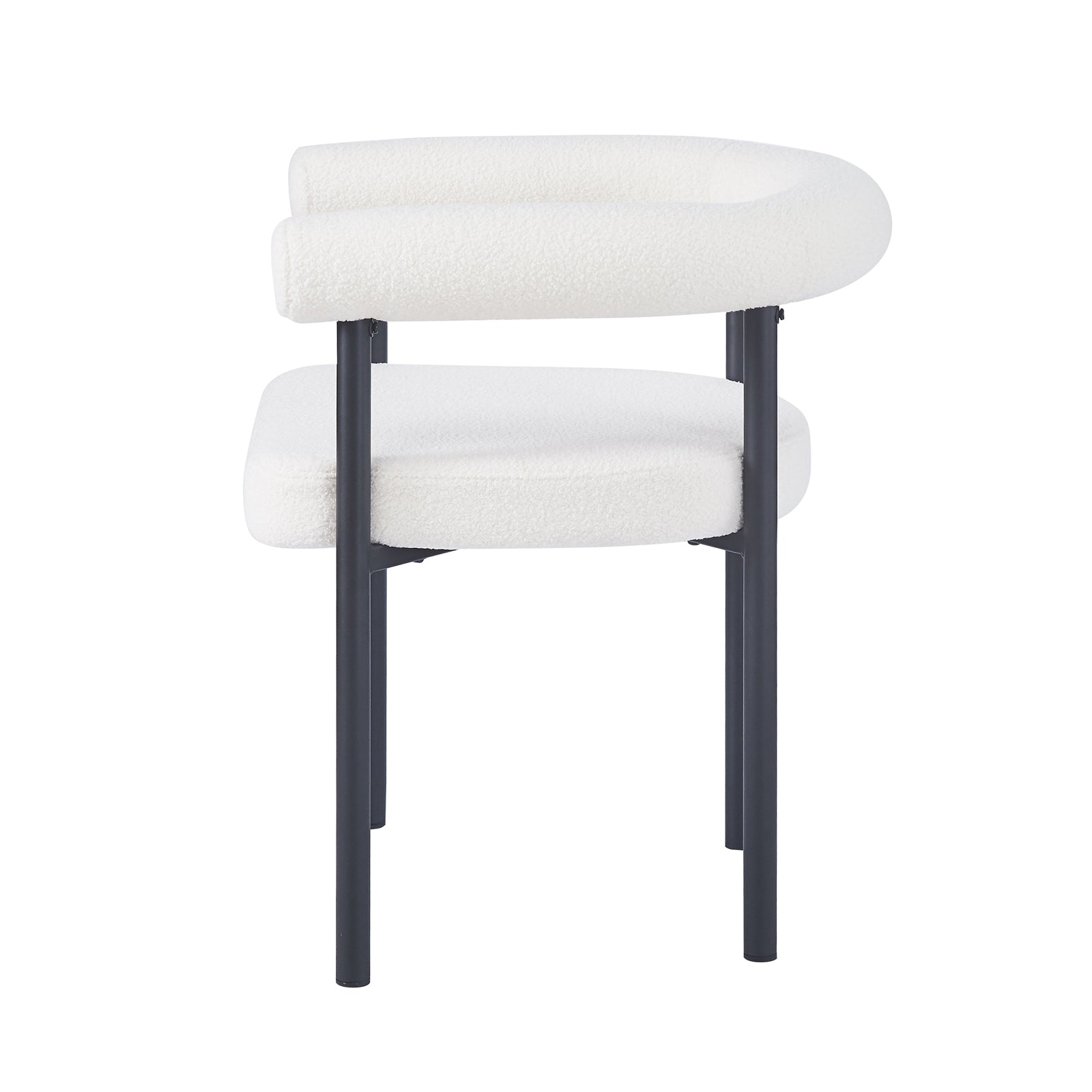 Ohio Curved Boucle Dining Chair Set of 2 in Cream features a white boucle upholstered seat and wraparound backrest, supported by slim matte-black metal legs for a modern dining space aesthetic.