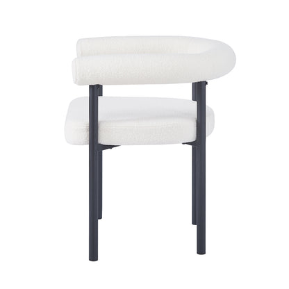 Ohio Curved Boucle Dining Chair Set of 2 in Cream features a white boucle upholstered seat and wraparound backrest, supported by slim matte-black metal legs for a modern dining space aesthetic.