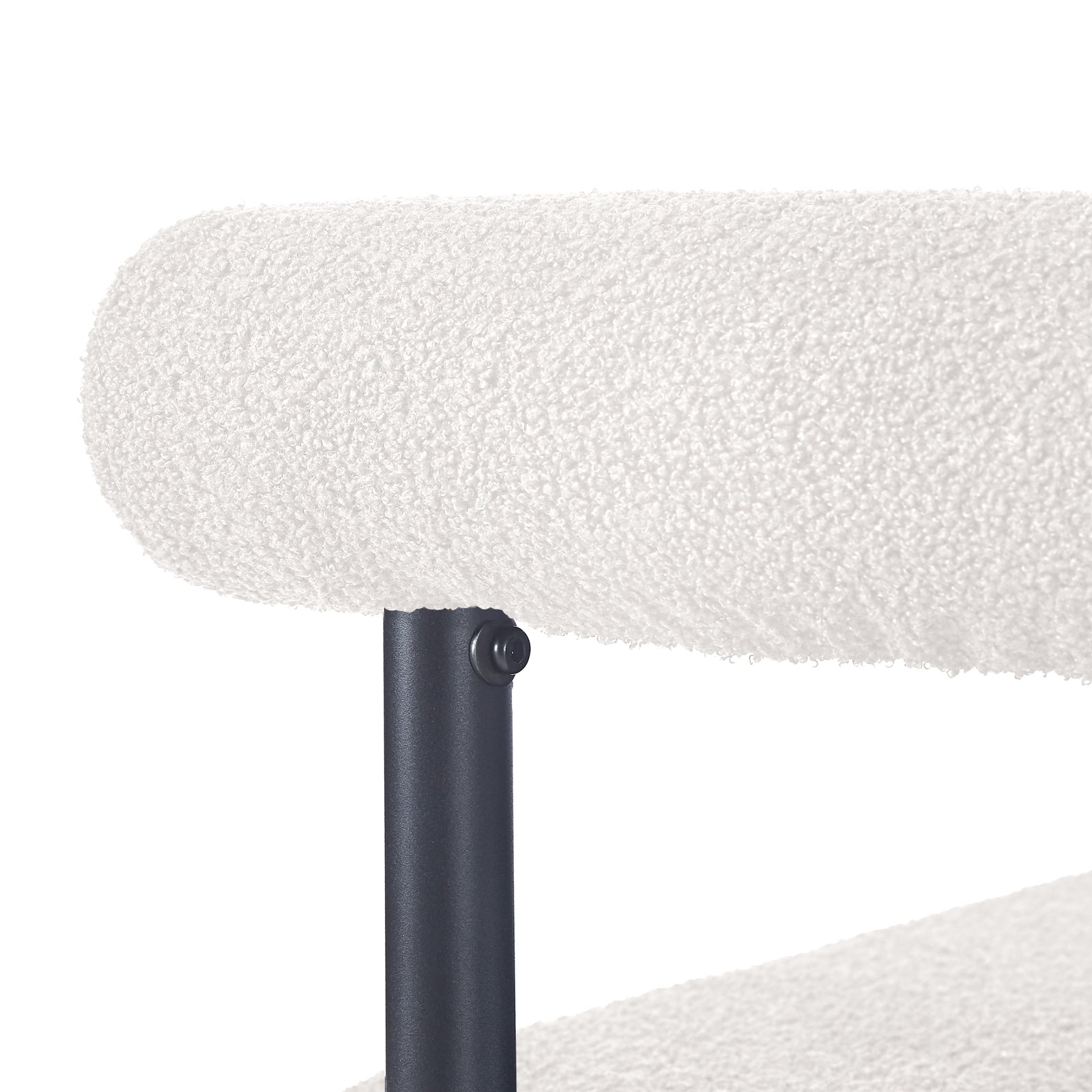 Ohio Curved Boucle Dining Chair Set of 2 in Cream, showcasing a padded white bouclé back and sleek black metal support, highlighting its modern design and ergonomic comfort for stylish dining spaces.