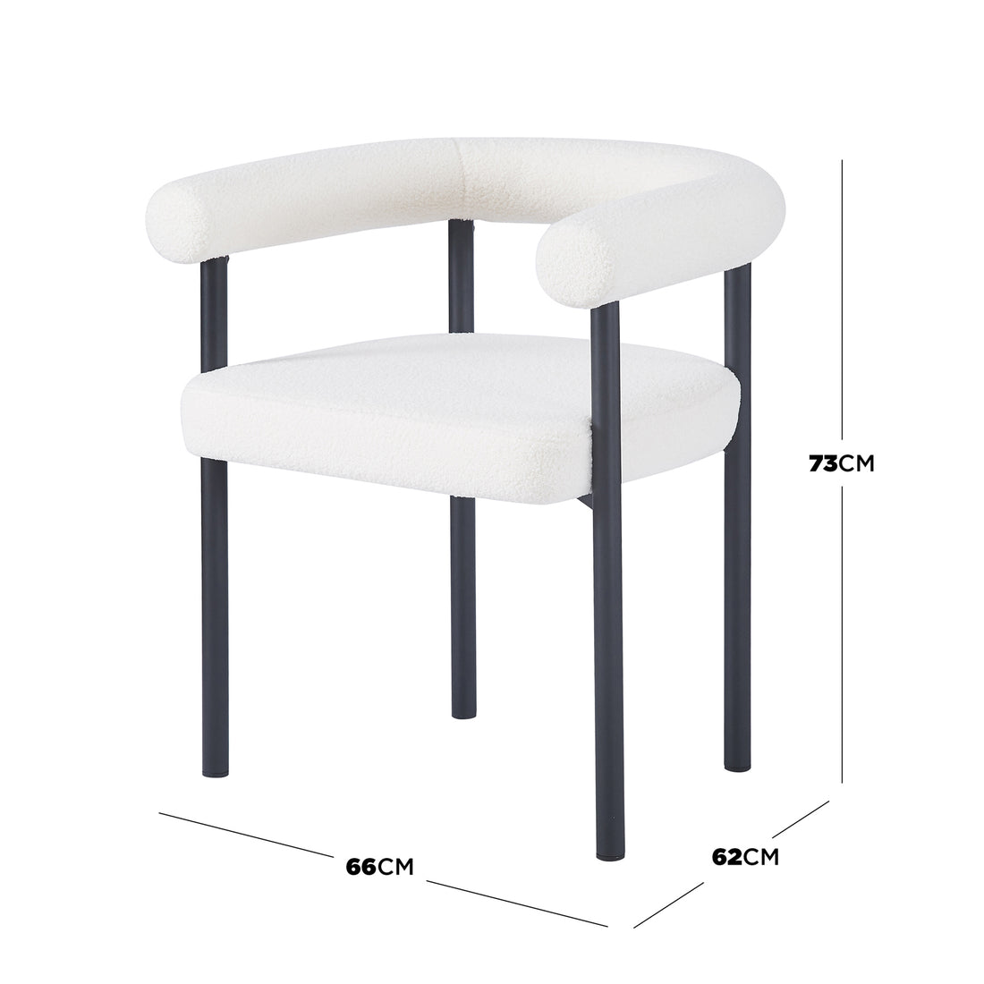 Ohio Curved Boucle Dining Chair Set of 2 in Cream, featuring a modern black metal frame, white boucle cushions, U-shaped back, and integrated armrests, offering elegant support and comfort.