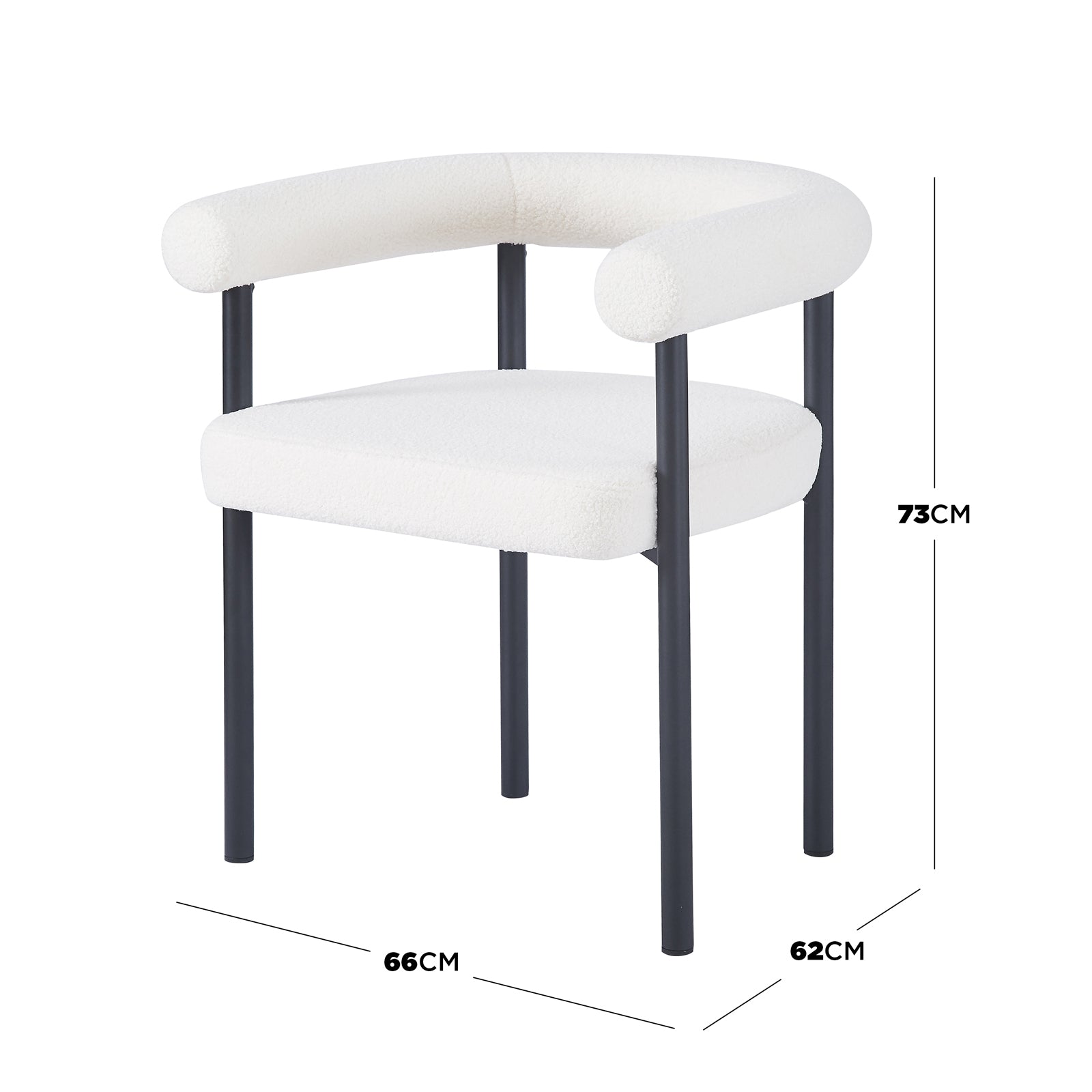 Ohio Curved Boucle Dining Chair Set of 2 in Cream, featuring a modern black metal frame, white boucle cushions, U-shaped back, and integrated armrests, offering elegant support and comfort.