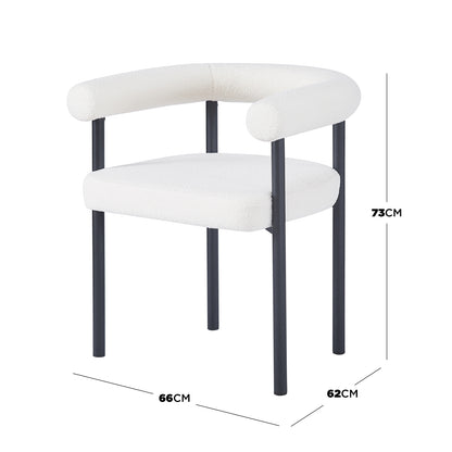 Ohio Curved Boucle Dining Chair Set of 2 in Cream, featuring a modern black metal frame, white boucle cushions, U-shaped back, and integrated armrests, offering elegant support and comfort.