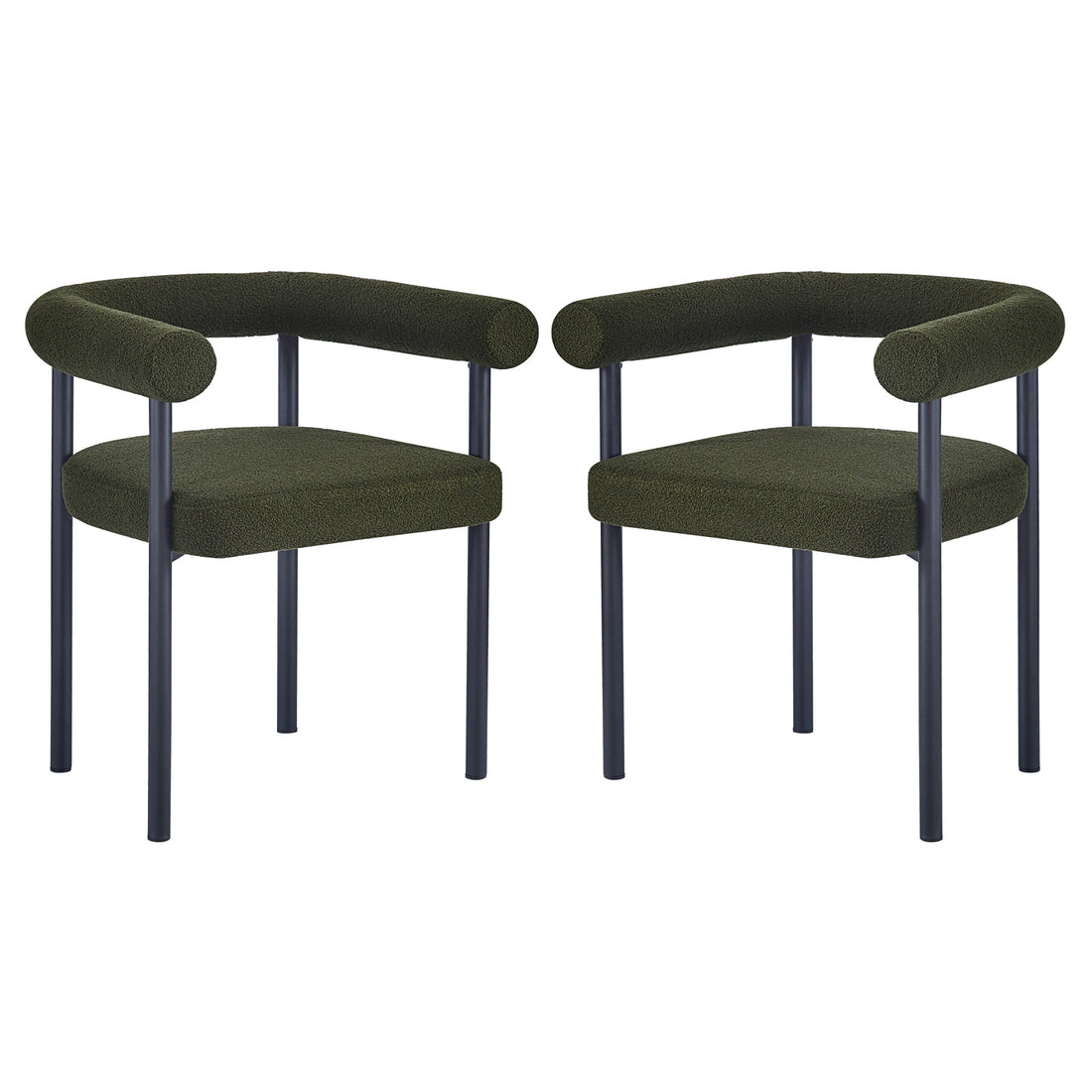 Ohio Curved Bouclé Dining Chair Set of 2 in Green; features rounded tubular backrest and armrest in deep olive-green bouclé with matching square seat cushion and sleek black metal legs.