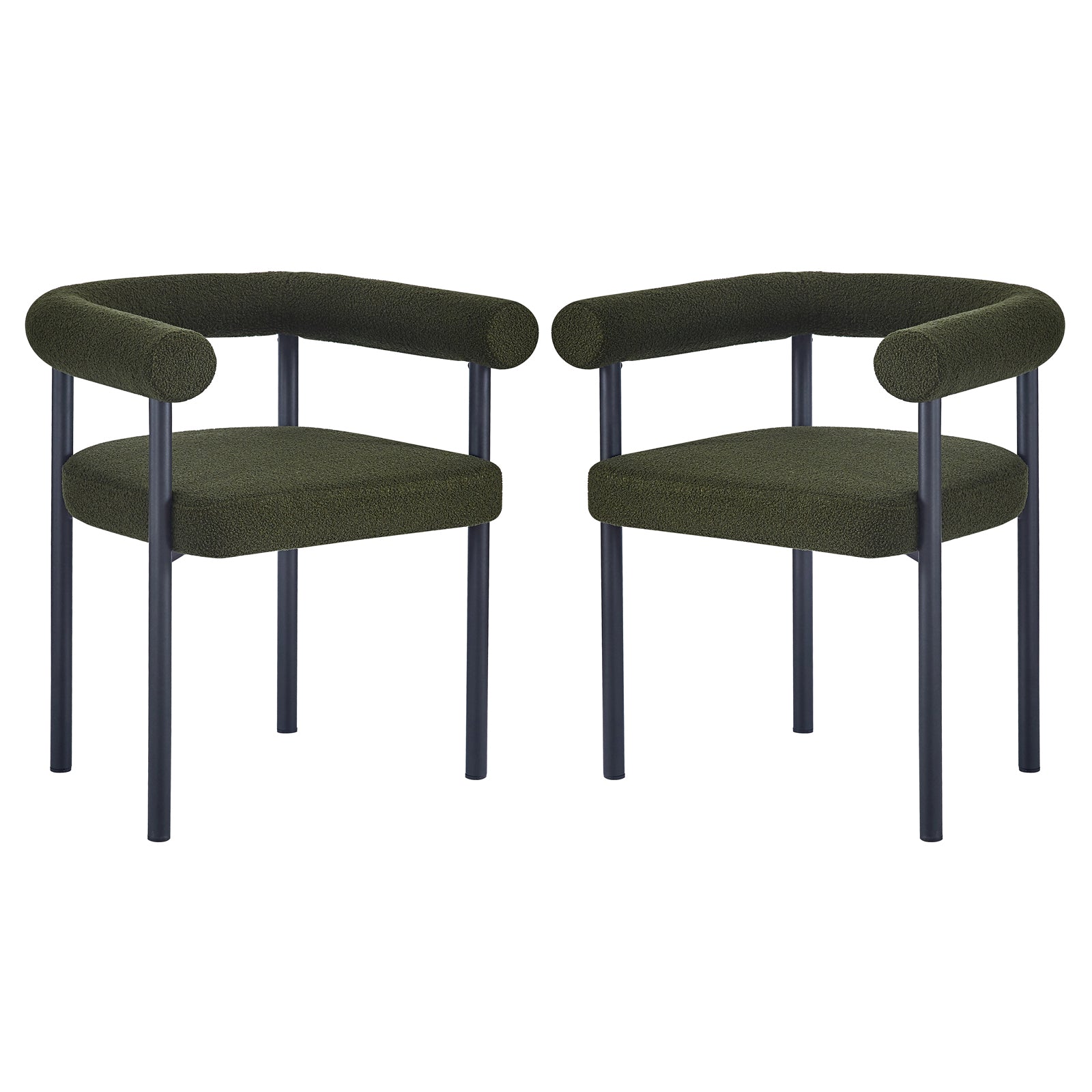 Ohio Curved Bouclé Dining Chair Set of 2 in Green; features rounded tubular backrest and armrest in deep olive-green bouclé with matching square seat cushion and sleek black metal legs.