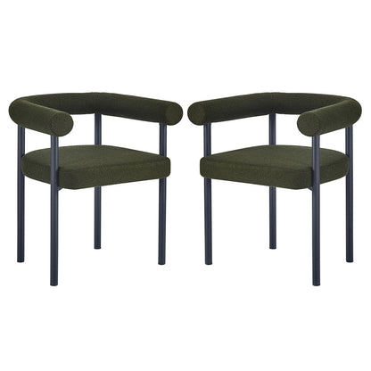 Ohio Curved Bouclé Dining Chair Set of 2 in Green; features rounded tubular backrest and armrest in deep olive-green bouclé with matching square seat cushion and sleek black metal legs.
