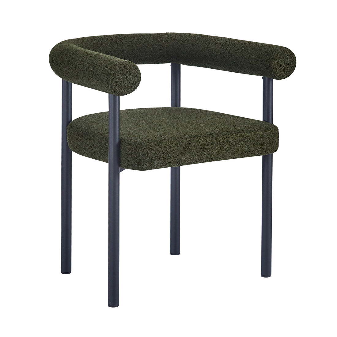 Ohio Curved Boucle Dining Chair Set of 2 in Green features a dark olive-green upholstered seat with a curved backrest and slim, tubular black metal legs, perfect for modern dining spaces.