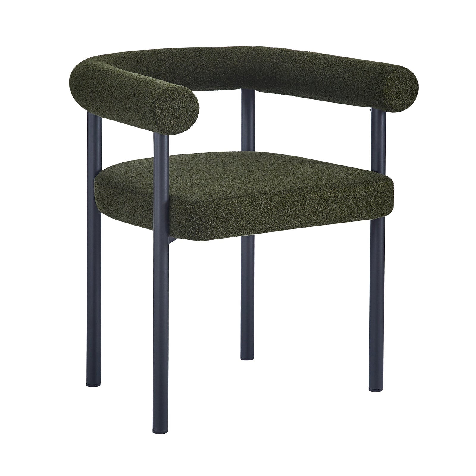 Ohio Curved Boucle Dining Chair Set of 2 in Green features a dark olive-green upholstered seat with a curved backrest and slim, tubular black metal legs, perfect for modern dining spaces.