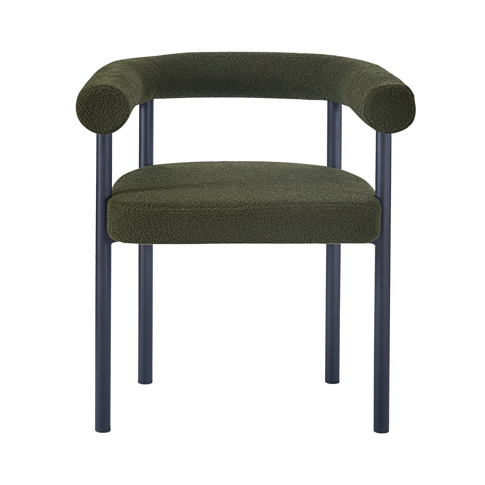 Ohio Curved Bouclé Dining Chair Set of 2 in Green features a modern design with a tubular black metal frame and olive-green boucle upholstery, including a wrap-around armrest and curved backrest for comfort.