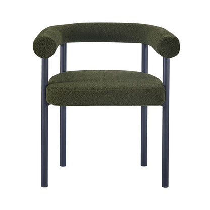 Ohio Curved Bouclé Dining Chair Set of 2 in Green features a modern design with a tubular black metal frame and olive-green boucle upholstery, including a wrap-around armrest and curved backrest for comfort.