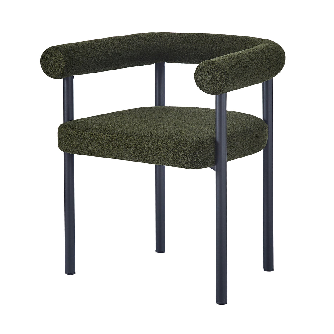 Ohio Curved Bouclé Dining Chair Set of 2 in Green, featuring a continuous padded back and armrest, upholstered in dark olive-green bouclé fabric, supported by tubular black metal legs.