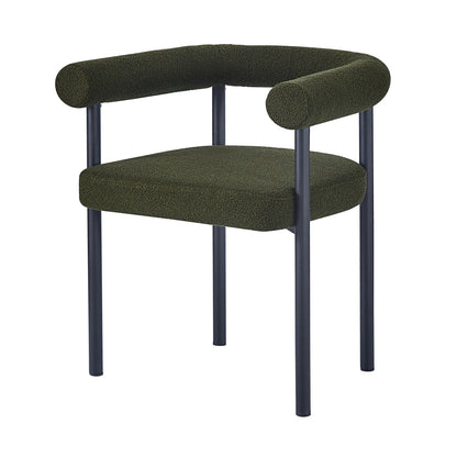 Ohio Curved Bouclé Dining Chair Set of 2 in Green, featuring a continuous padded back and armrest, upholstered in dark olive-green bouclé fabric, supported by tubular black metal legs.