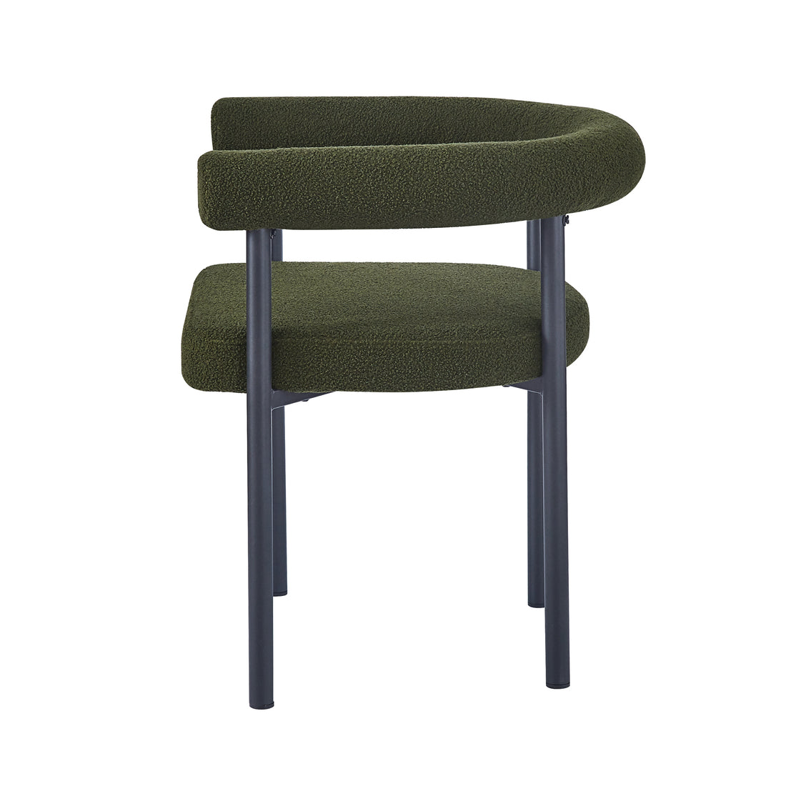 Ohio Curved Bouclé Dining Chair Set of 2 in Green, featuring an olive-green boucle upholstery, gently curved backrest, and sleek black metal legs, offering a stylish and comfortable seating solution.