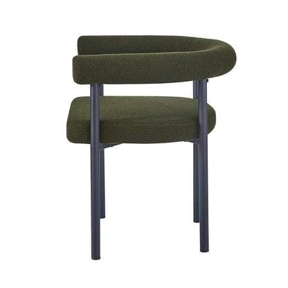 Ohio Curved Bouclé Dining Chair Set of 2 in Green, featuring an olive-green boucle upholstery, gently curved backrest, and sleek black metal legs, offering a stylish and comfortable seating solution.