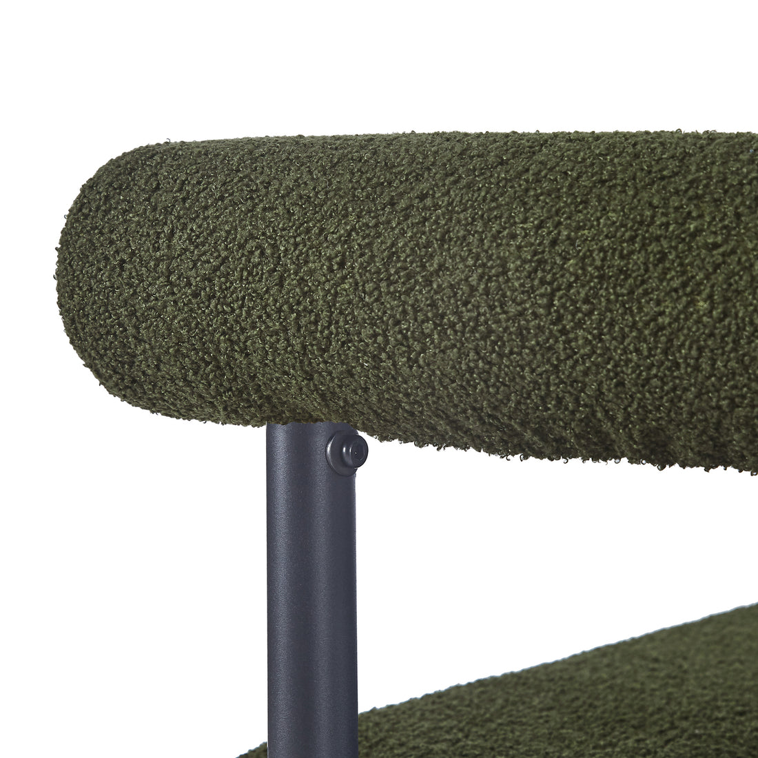 Close-up of Ohio Curved Bouclé Dining Chair Set of 2 in Green, showcasing the tubular, green loop-textured cushion on a sleek black metal frame, highlighting its modern, stylish design.