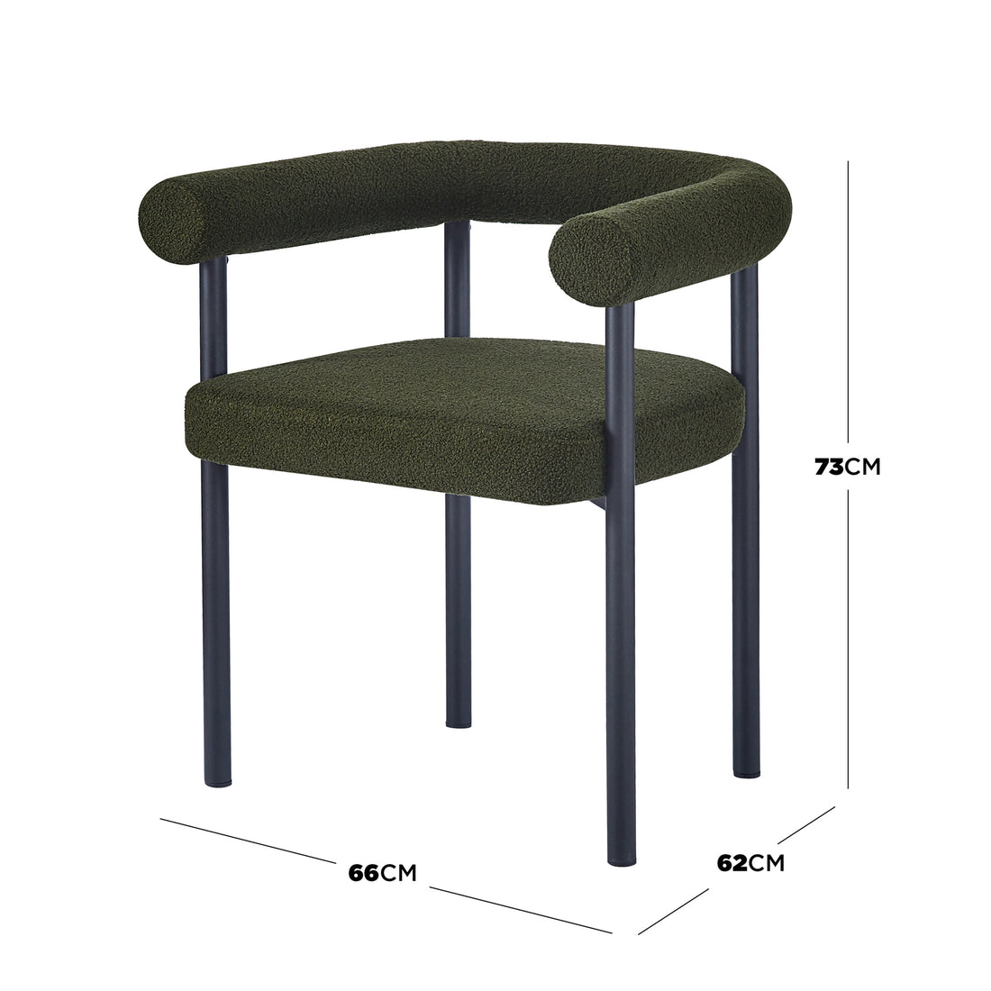 Ohio Curved Bouclé Dining Chair Set of 2 in Green, featuring a modern, low-profile design with dark olive-green bouclé upholstery, rounded backrest, tubular arm supports, and sleek black metal legs.