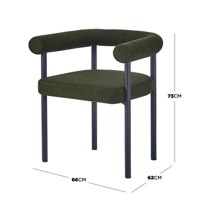 Ohio Curved Bouclé Dining Chair Set of 2 in Green, featuring a modern, low-profile design with dark olive-green bouclé upholstery, rounded backrest, tubular arm supports, and sleek black metal legs.