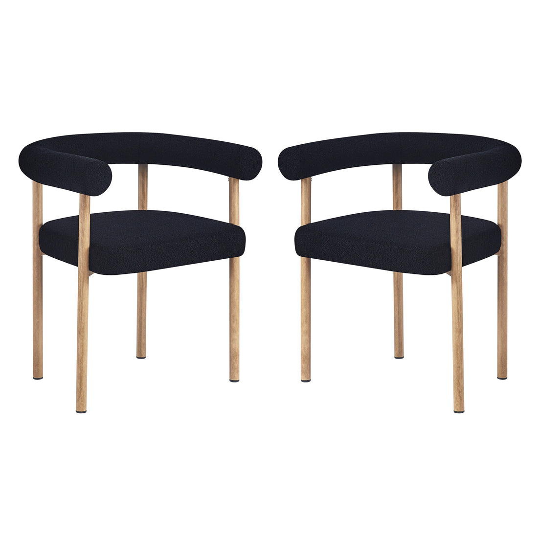 Ohio Curved Boucle Dining Chair Set of 2 in Black & Oak features modern armchairs with curved, tubular backrests and black fabric upholstery, supported by light-oak-toned slender legs.