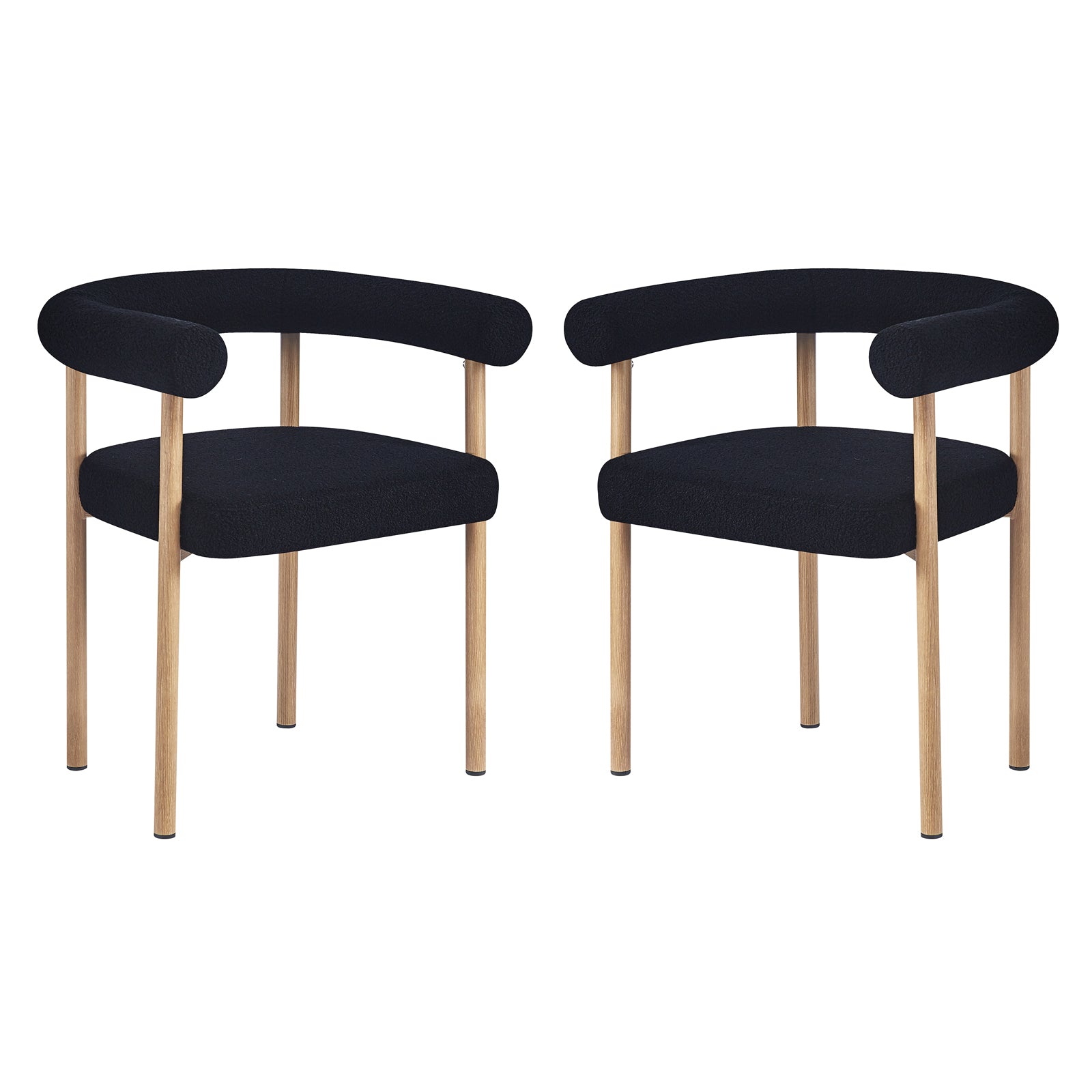 Ohio Curved Boucle Dining Chair Set of 2 in Black & Oak features modern armchairs with curved, tubular backrests and black fabric upholstery, supported by light-oak-toned slender legs.
