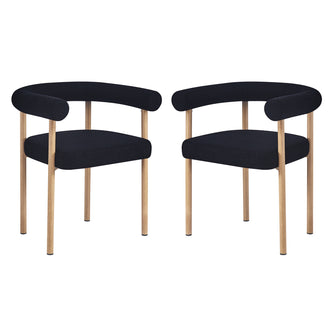 Ohio Curved Boucle Dining Chair Set of 2 in Black & Oak features modern armchairs with curved, tubular backrests and black fabric upholstery, supported by light-oak-toned slender legs.