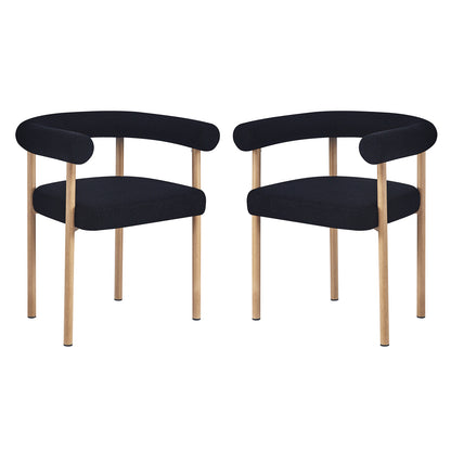 Ohio Curved Boucle Dining Chair Set of 2 in Black & Oak features modern armchairs with curved, tubular backrests and black fabric upholstery, supported by light-oak-toned slender legs.