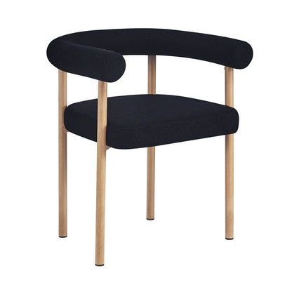 Ohio Curved Boucle Dining Chair Set of 2 in Black & Oak features a modern design with a curved tubular backrest and black boucle upholstery, supported by four light-wooden legs.