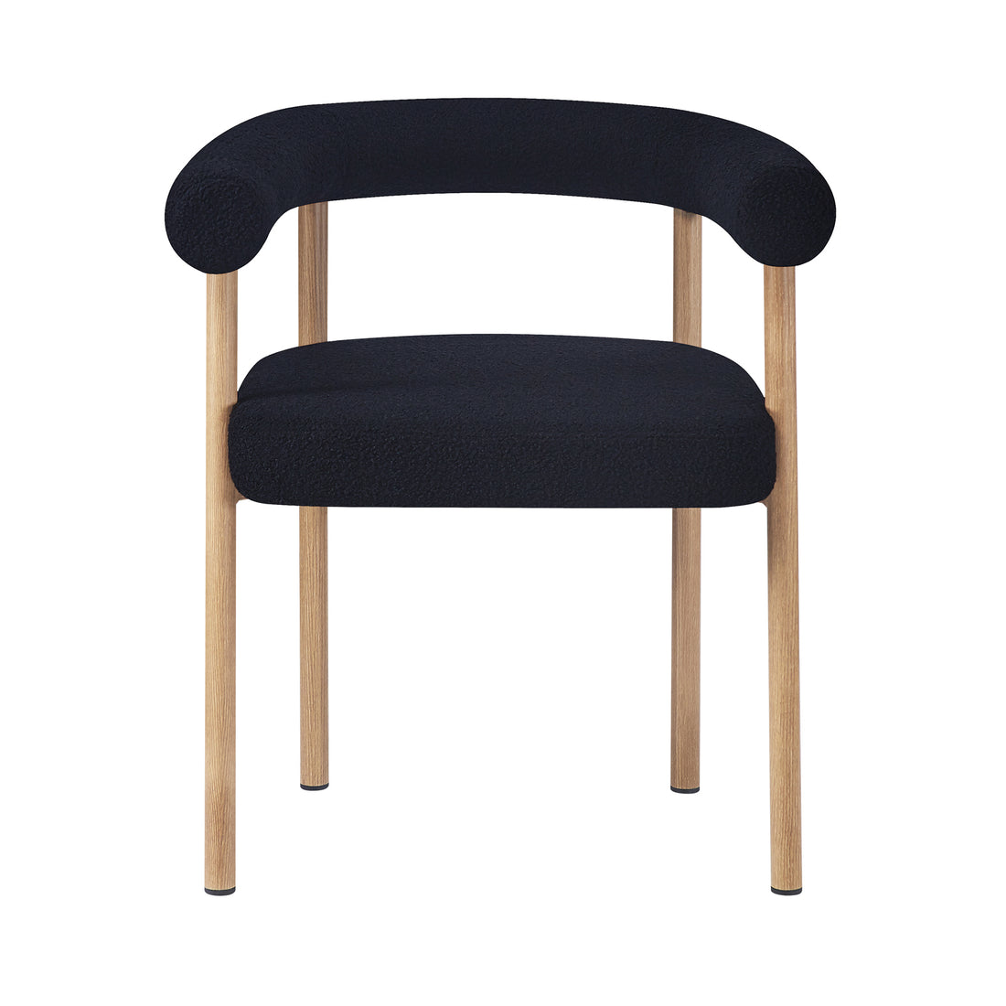 Ohio Curved Bouclé Dining Chair Set of 2 in Black & Oak, featuring a gently curved tubular backrest and padded seat in black bouclé, with light-wood legs, blending comfort and modern style.