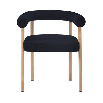 Ohio Curved Bouclé Dining Chair Set of 2 in Black & Oak, featuring a gently curved tubular backrest and padded seat in black bouclé, with light-wood legs, blending comfort and modern style.