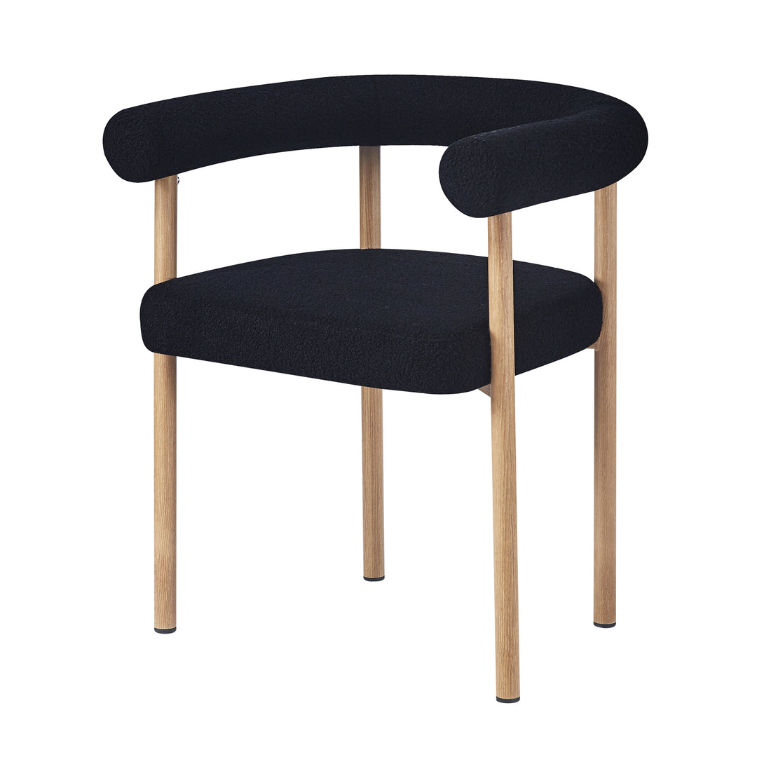 Ohio Curved Boucle Dining Chair Set of 2 in Black & Oak features a minimalist design with a black upholstered seat and backrest, light wood frame, curved arms, and slender wooden legs for modern dining spaces.