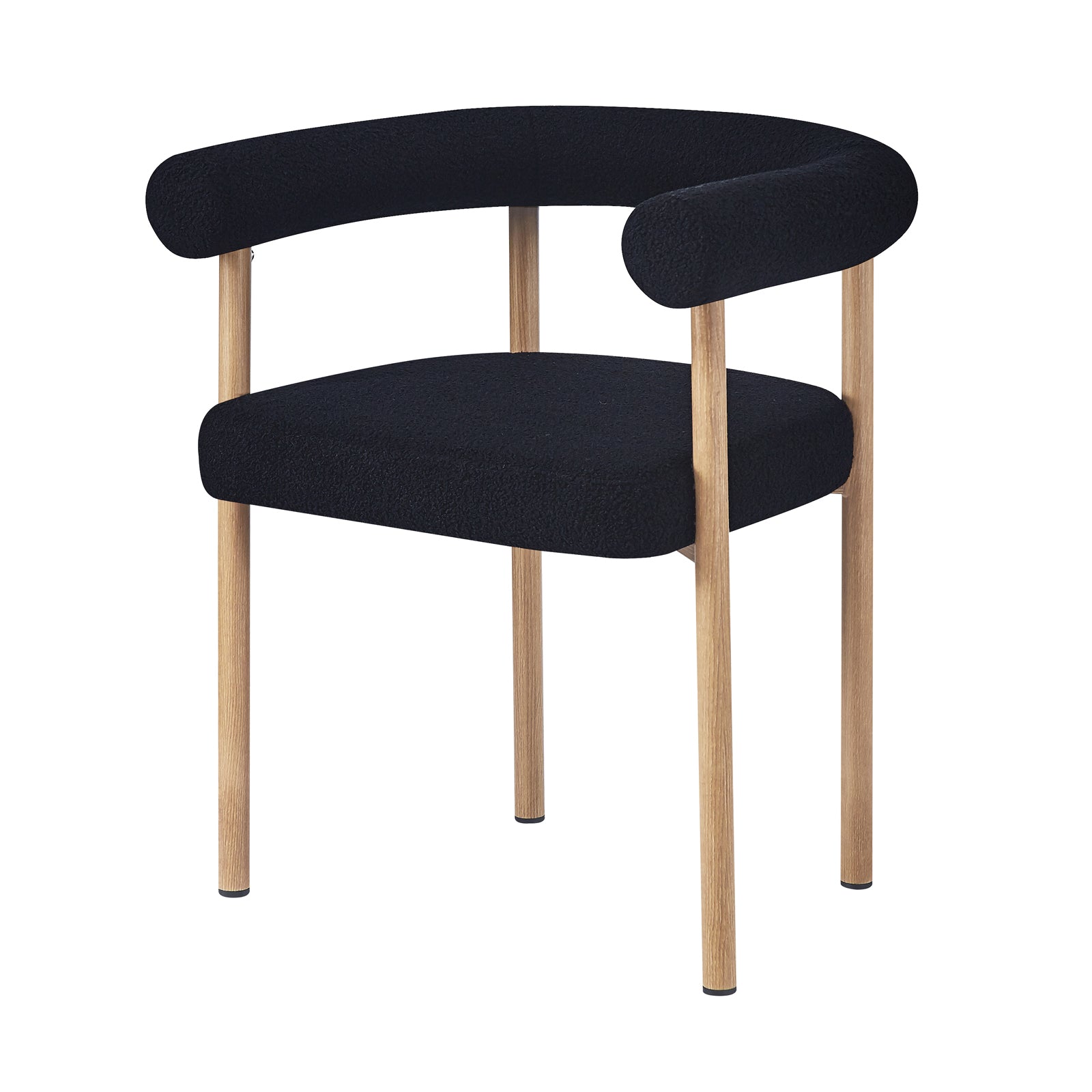 Ohio Curved Boucle Dining Chair Set of 2 in Black & Oak features a minimalist design with a black upholstered seat and backrest, light wood frame, curved arms, and slender wooden legs for modern dining spaces.