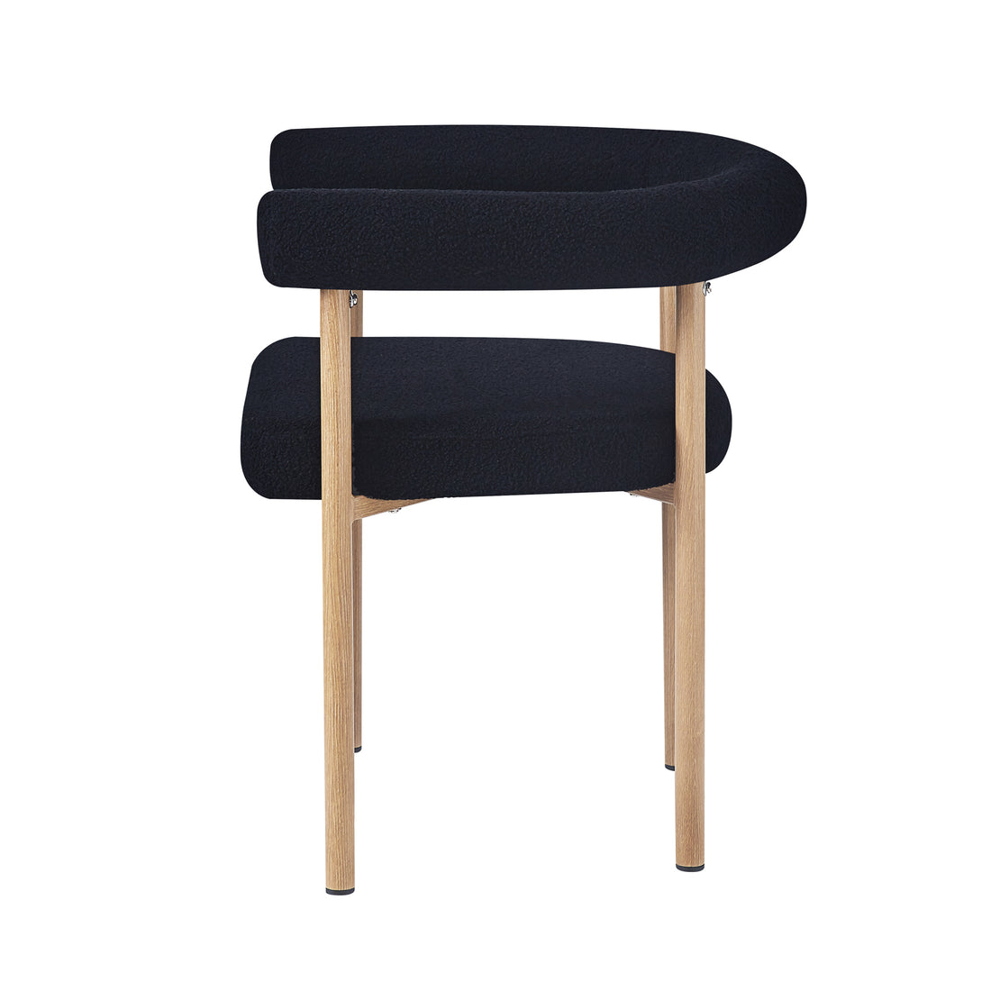 Ohio Curved Boucle Dining Chair Set of 2 in Black & Oak features a modern design with a tubular-shaped backrest, padded seat in black fabric, and slender light-wood legs, perfect for stylish dining spaces.