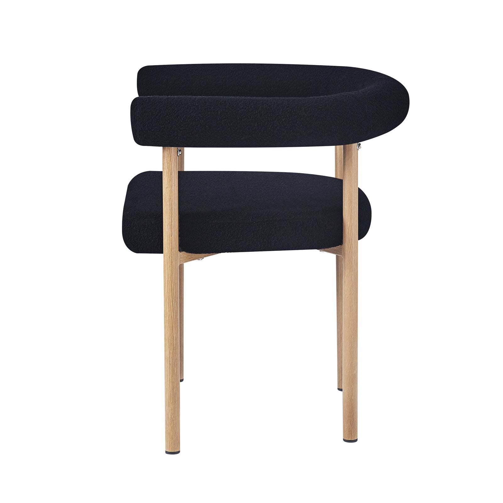 Ohio Curved Boucle Dining Chair Set of 2 in Black & Oak features a modern design with a tubular-shaped backrest, padded seat in black fabric, and slender light-wood legs, perfect for stylish dining spaces.