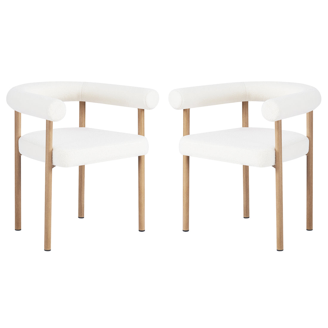 Ohio Curved Boucle Dining Chair Set of 2 in Cream & Oak, featuring tubular half-circle backrests and cream bouclé upholstery, supported by light oak-finished wooden legs. Ideal for modern, minimalist dining spaces.