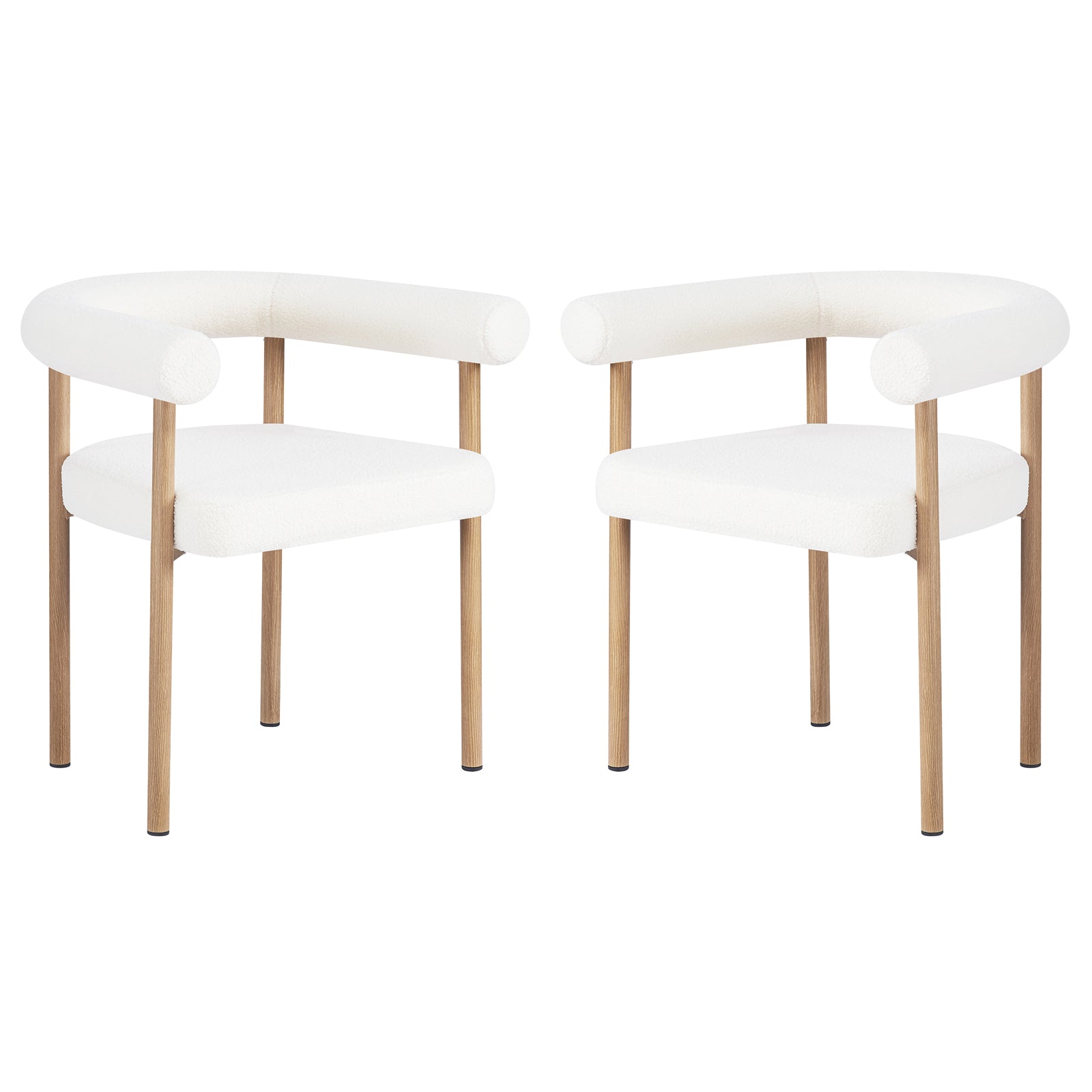 Ohio Curved Boucle Dining Chair Set of 2 in Cream & Oak, featuring tubular half-circle backrests and cream bouclé upholstery, supported by light oak-finished wooden legs. Ideal for modern, minimalist dining spaces.