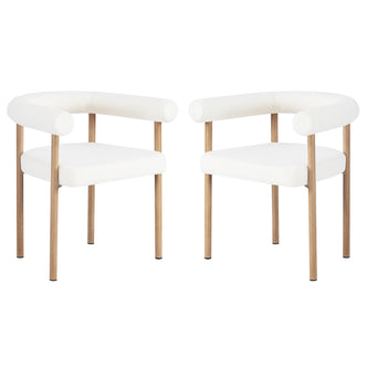 Ohio Curved Boucle Dining Chair Set of 2 in Cream & Oak, featuring tubular half-circle backrests and cream bouclé upholstery, supported by light oak-finished wooden legs. Ideal for modern, minimalist dining spaces.