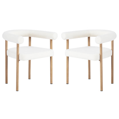 Ohio Curved Boucle Dining Chair Set of 2 in Cream & Oak, featuring tubular half-circle backrests and cream bouclé upholstery, supported by light oak-finished wooden legs. Ideal for modern, minimalist dining spaces.