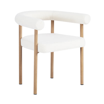 Ohio Curved Bouclé Dining Chair Set of 2 in Cream & Oak features a white bouclé upholstered seat with a modern curved backrest and armrests, supported by slender oak-finished wooden legs.