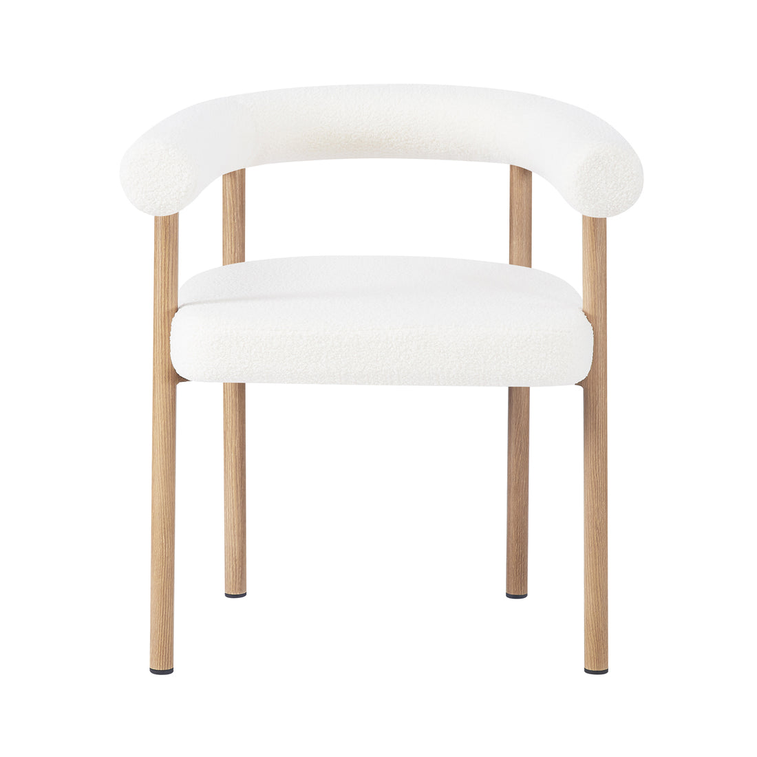 Ohio Curved Boucle Dining Chair Set of 2 in Cream & Oak features a modern, minimalist design with a rounded, white upholstered backrest and seat, supported by four slender, light-wood legs.