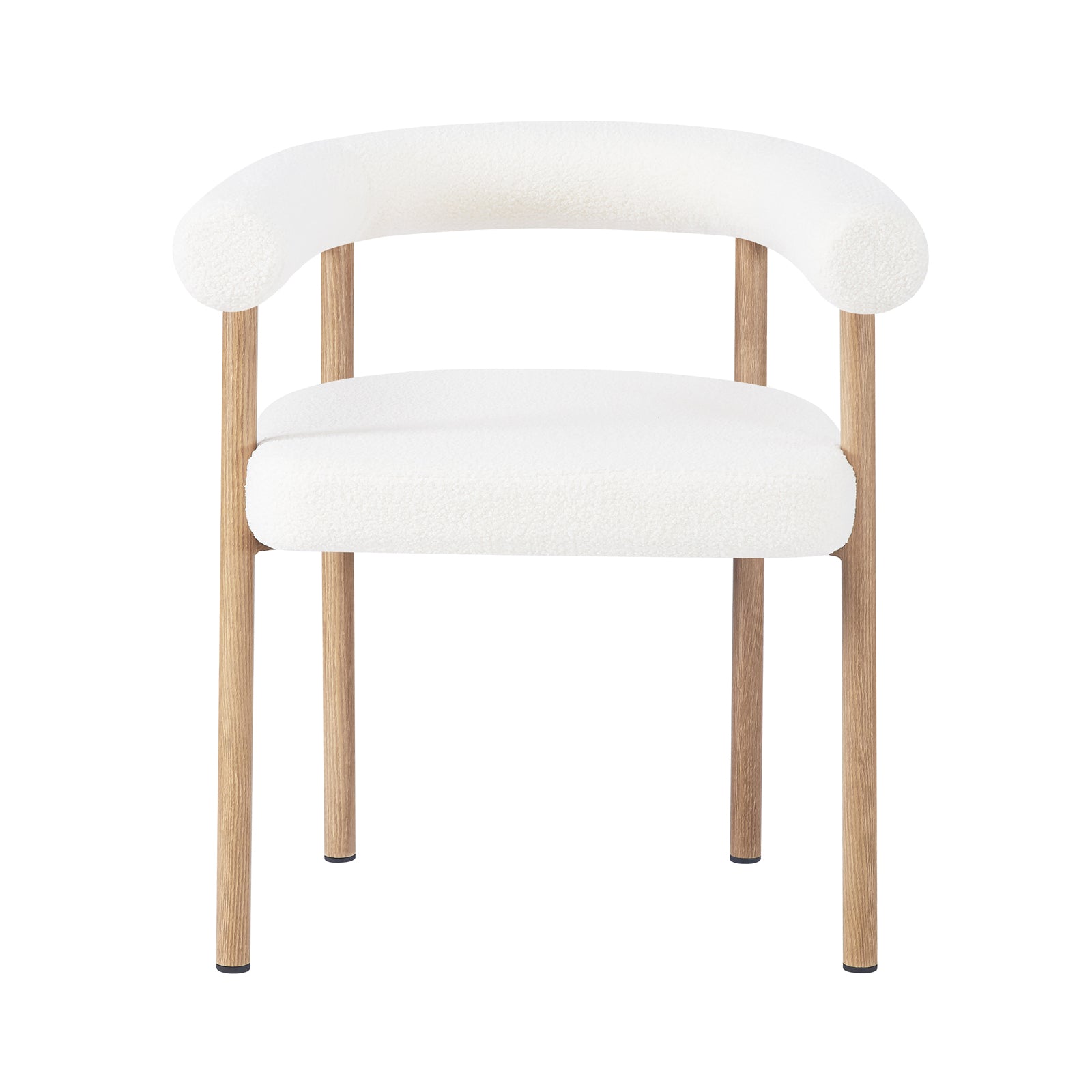 Ohio Curved Boucle Dining Chair Set of 2 in Cream & Oak features a modern, minimalist design with a rounded, white upholstered backrest and seat, supported by four slender, light-wood legs.