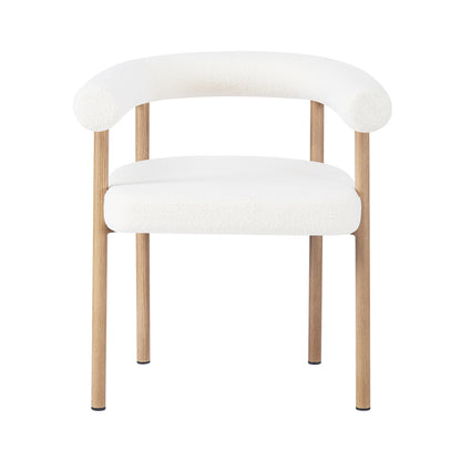 Ohio Curved Boucle Dining Chair Set of 2 in Cream & Oak features a modern, minimalist design with a rounded, white upholstered backrest and seat, supported by four slender, light-wood legs.