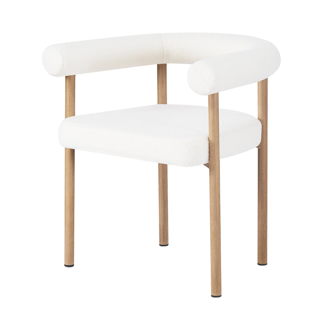 Ohio Curved Boucle Dining Chair Set of 2 in Cream & Oak features a modern design with white boucle upholstery, a tubular backrest, and slim natural-wood legs, perfect for contemporary dining spaces.