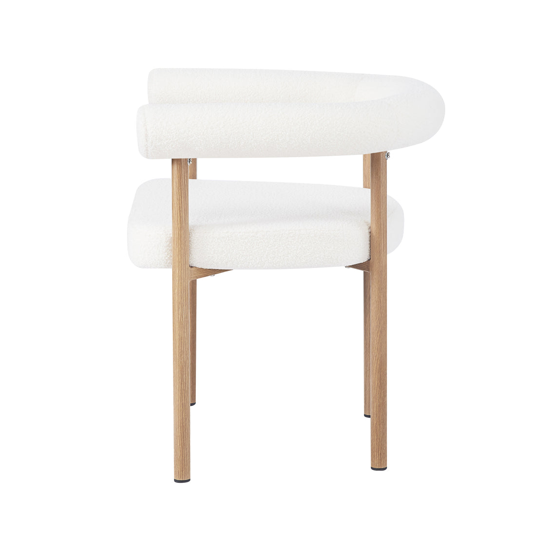 Ohio Curved Bouclé Dining Chair Set of 2 in Cream & Oak features softly textured cream bouclé upholstery with a curved backrest, supported by slender oak-finished legs, offering modern, minimalist elegance.